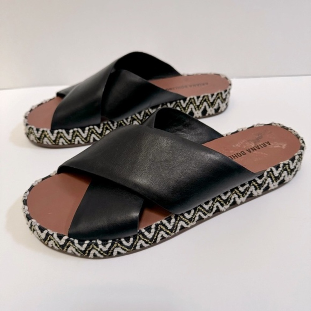 Ariana Bohling black leather slide sandal crisscross strap espadrille US8.5 EU39